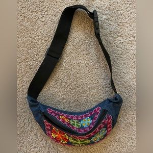 Hand stitched embroidered denim fanny pack, purchased in Peru, used once